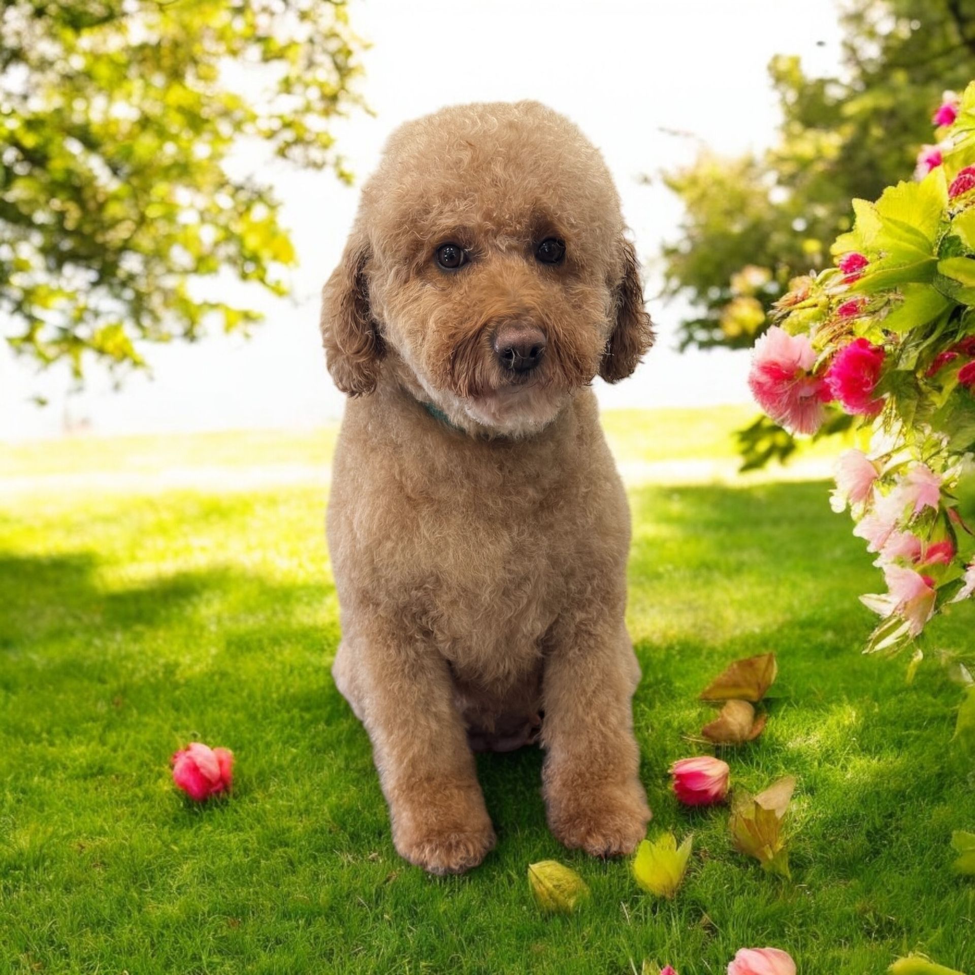A black and white poodle wearing a pink collar