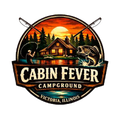 Cabin Fever Campground logo with sunset cabin, kayaker, fish, and crossed paddles; Victoria, Illinois