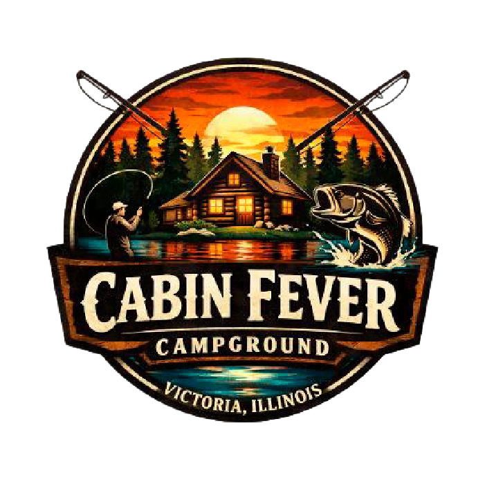 Cabin Fever Campground logo with sunset cabin, kayaker, fish, and crossed paddles; Victoria, Illinois