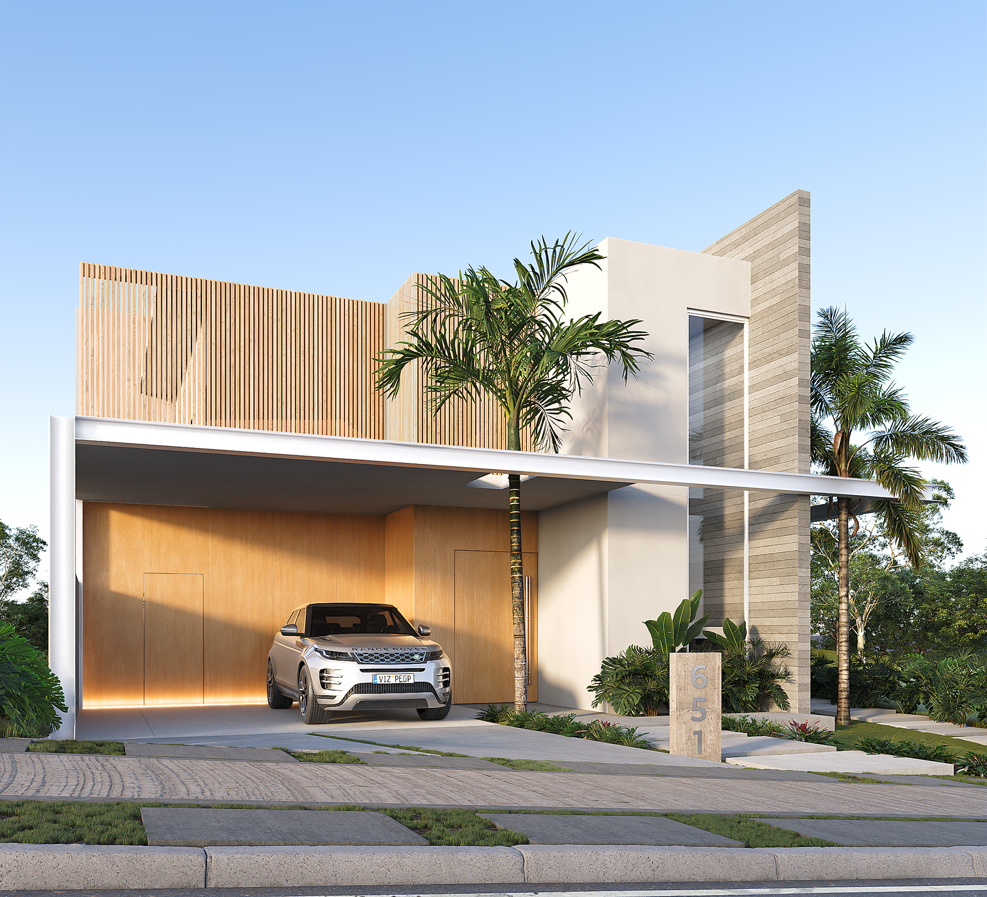 Casa moderna com garagem coberta, detalhes em madeira e um carro estacionado dentro.