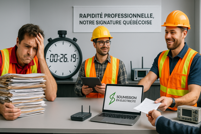 Trois ouvriers du bâtiment sont assis à un bureau : l’un est stressé par la paperasserie, les deux autres sourient. Un chronomètre indique le temps. Un ordinateur portable porte un logo.