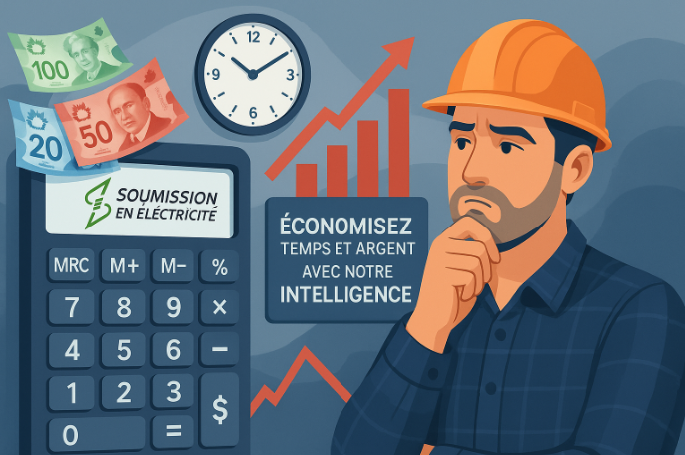 Un homme portant un casque de chantier semble préoccupé près d'une calculatrice, d'argent, d'une horloge et d'un graphique ascendant, suggérant des coûts d'électricité.