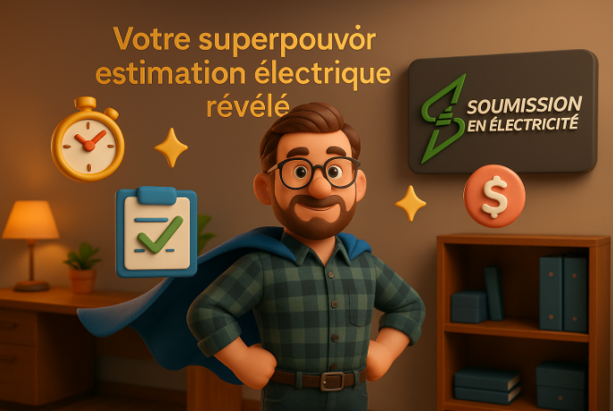 Homme de dessin animé en cape ; publicité pour des devis d'électricité. Comprend une horloge, une liste de contrôle, un symbole dollar et le logo de l'entreprise.