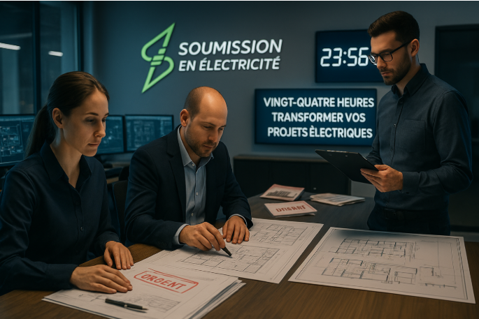 Trois personnes examinent des plans dans une salle de contrôle, projet urgent, l'horloge affiche 23h56.