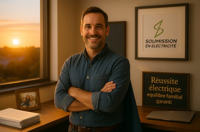 Un homme, les bras croisés, sourit dans son bureau ; coucher de soleil, logo et photo de famille.