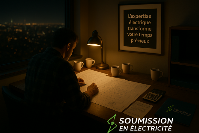 Man writing at desk with lamp, cityscape view. Cups, calculator, and logo: 