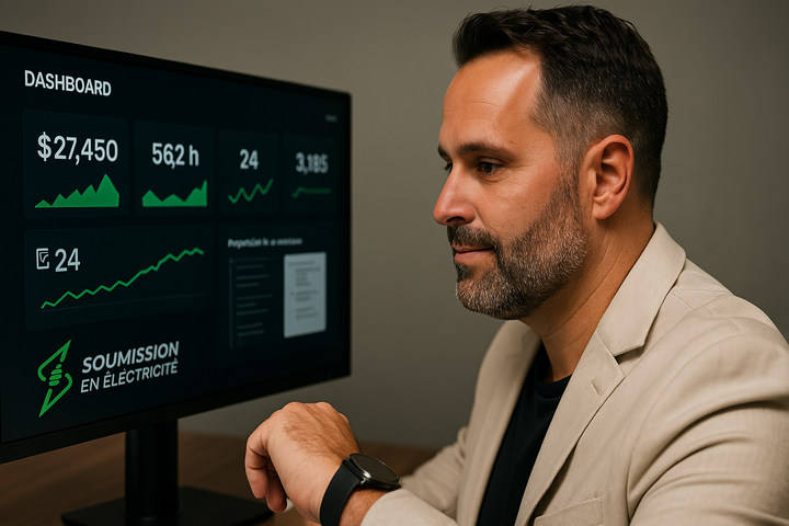 Un homme, vêtu d'un blazer, regarde un écran d'ordinateur affichant des données financières. Le tableau de bord présente des graphiques et des chiffres verts.