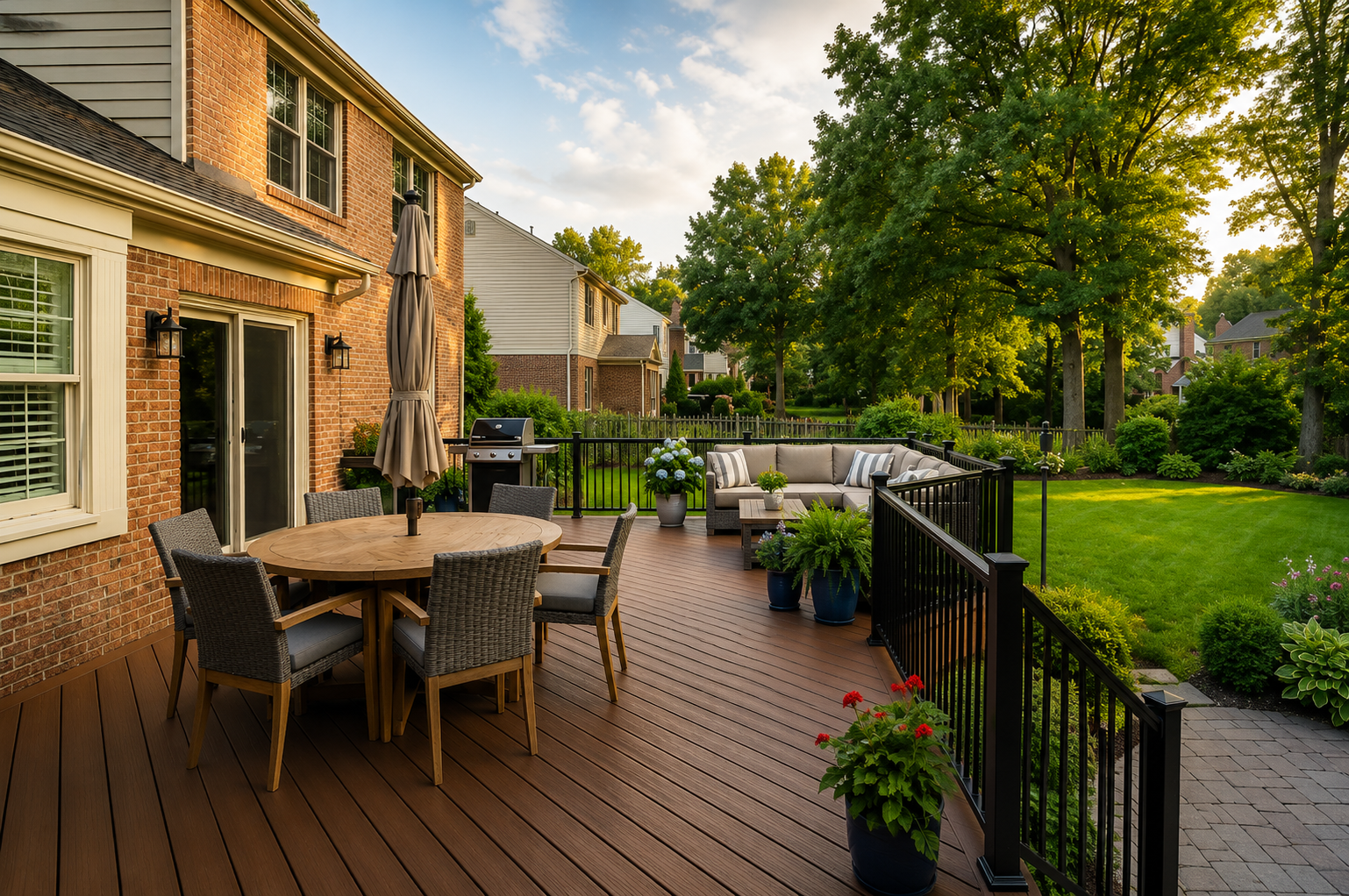 Brick patio with dining table and chairs beside a house, overlooking a green garden and black railing.