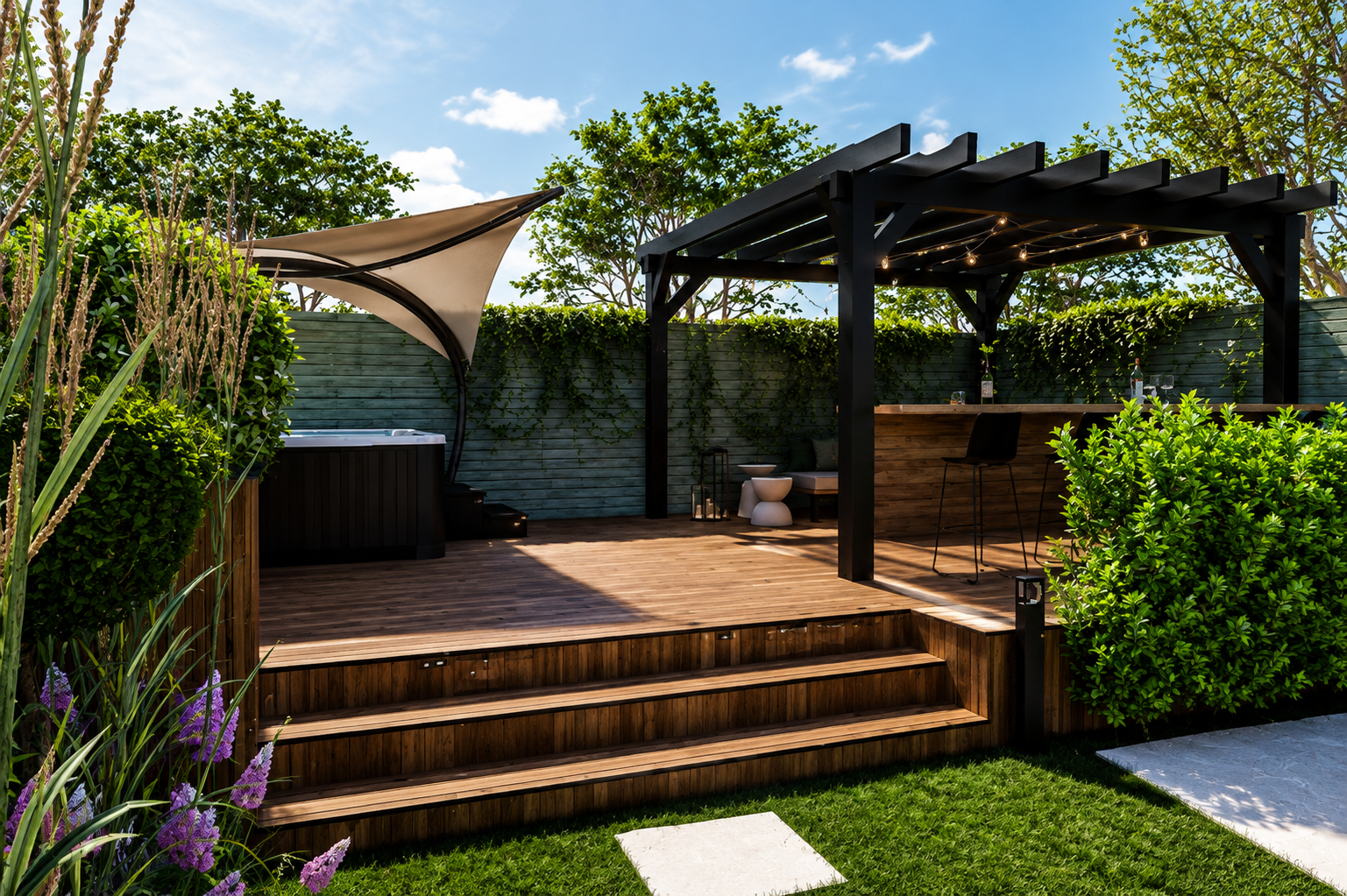 Custom backyard deck with pergola and outdoor living space in Fairfax, VA
