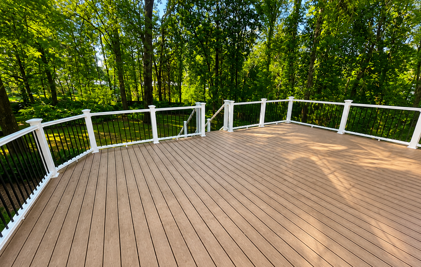 Custom backyard deck with white railing in Fairfax, VA