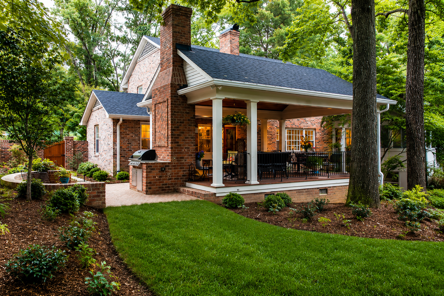 Brick house with a covered porch, tall chimney, and lush green lawn in a wooded yard