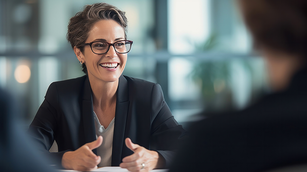 Smiling woman in glasses talks in a meeting, with blurred person in foreground and office background