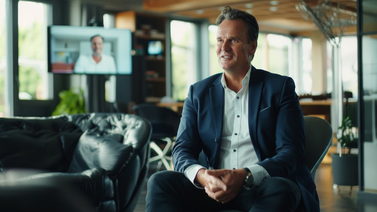 Man in a navy suit seated in a modern office lounge, smiling with a screen in the background