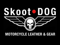 Skoot•DOG logo with winged skull emblem and “Motorcycle Leather & Gear” text on black background