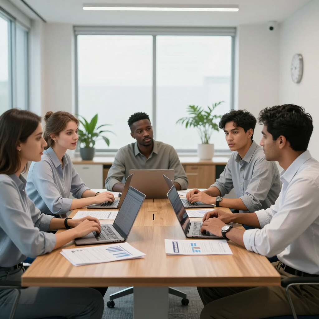 Team meeting in a bright office, six people seated around a table with laptops and papers.
