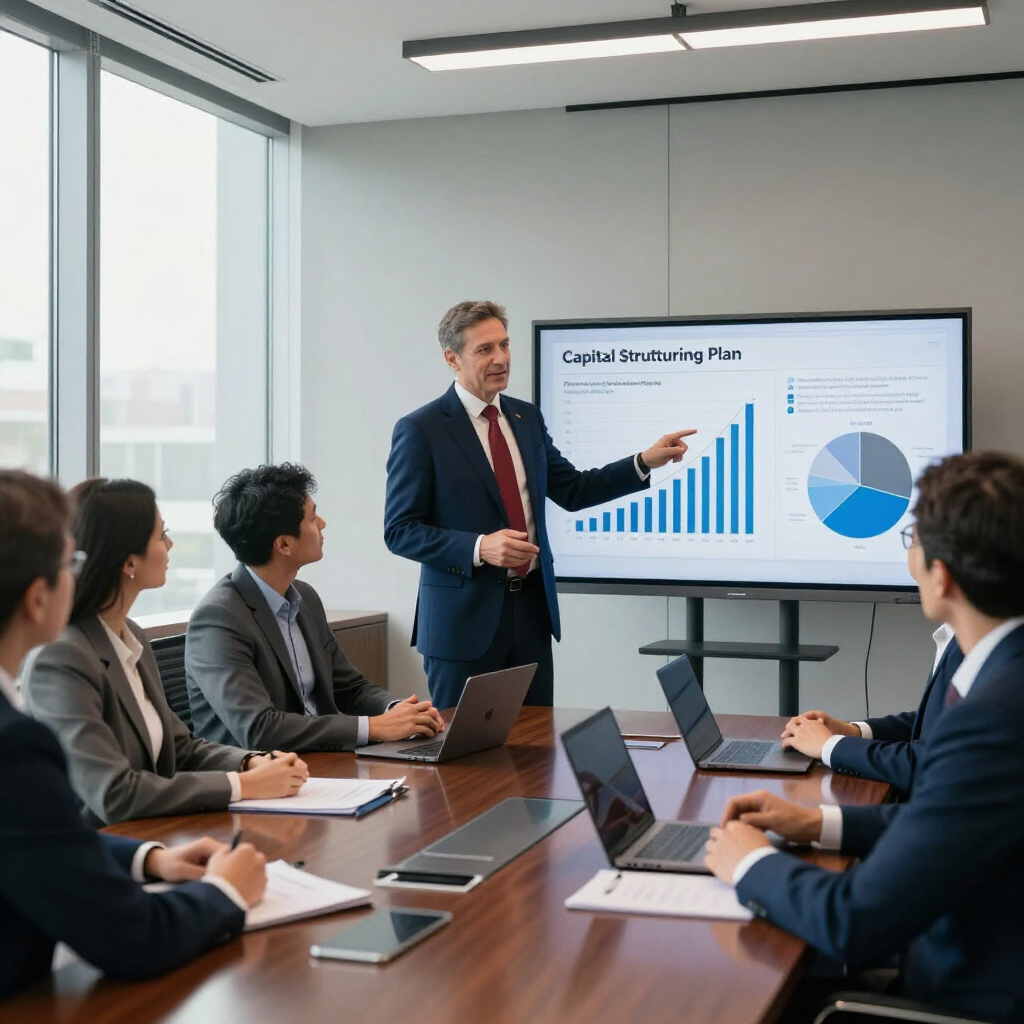 Business meeting with presenter pointing at a chart on a screen in a bright conference room