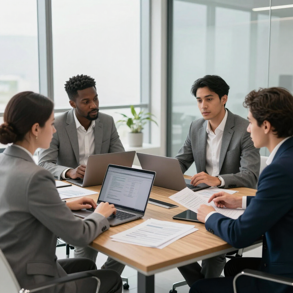 Business meeting around a laptop in a bright conference room with papers and notes on the table