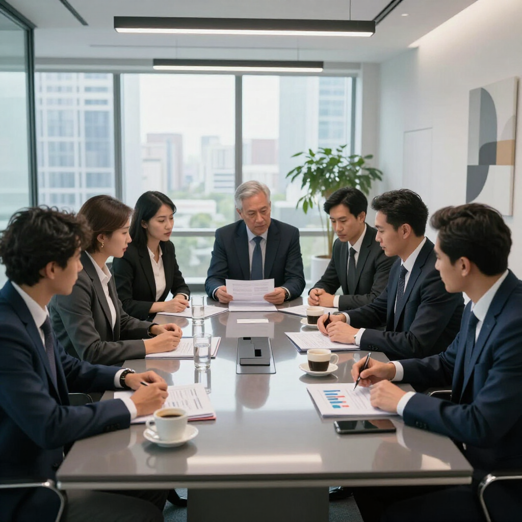Business meeting around a conference table in a bright modern office, with charts and coffee cups.