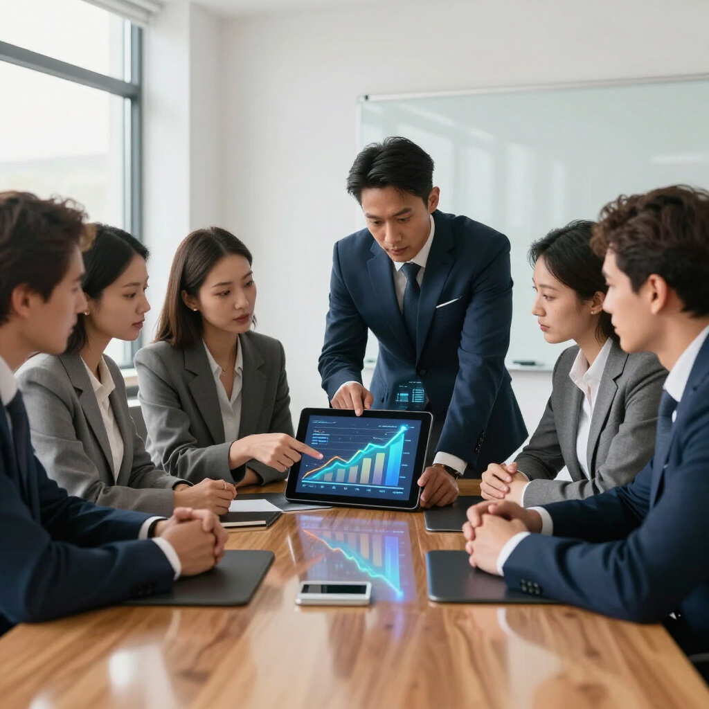 Business team meeting around a table, reviewing a tablet chart in a bright conference room.