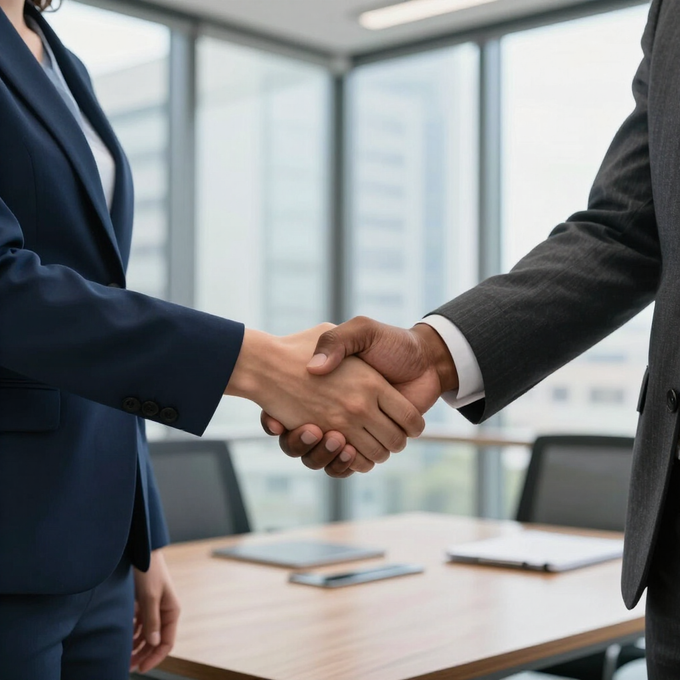 Two businesspeople in suits shaking hands across a conference table in a bright office