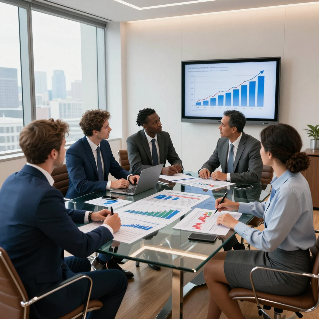 Business meeting in a glass conference room with charts on a screen and documents spread across the table