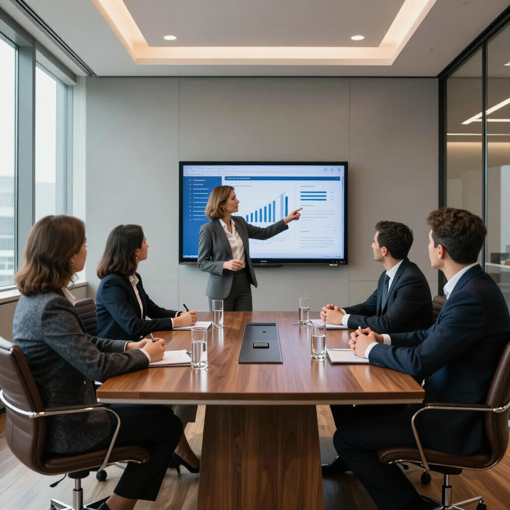 Business meeting in a modern conference room, with a presenter showing a bar chart on a wall screen.