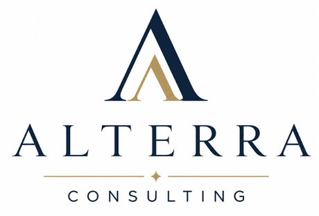 Altterra Consulting logo in navy and gold with stylized A icon on a white background
