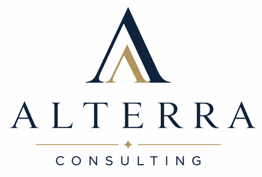 Altterra Consulting logo in navy and gold with stylized A icon on a white background
