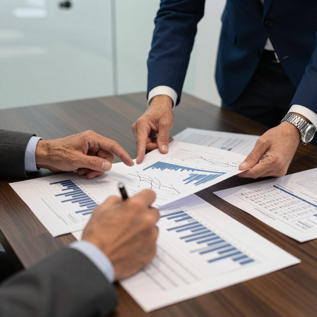Business people reviewing charts and reports at a meeting table