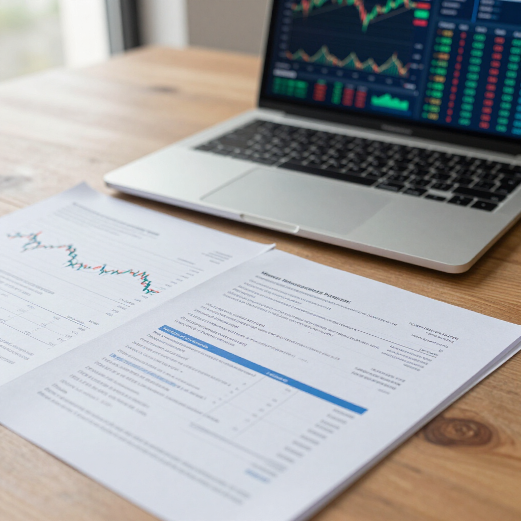 Laptop with stock charts beside printed financial reports on a wooden desk