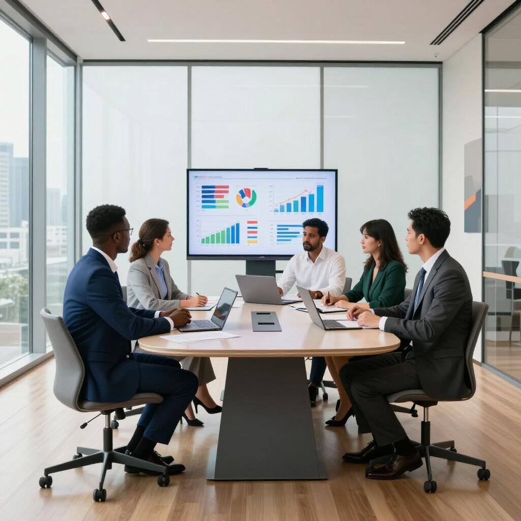 Business team meeting in a conference room, discussing charts on a screen around a round table.