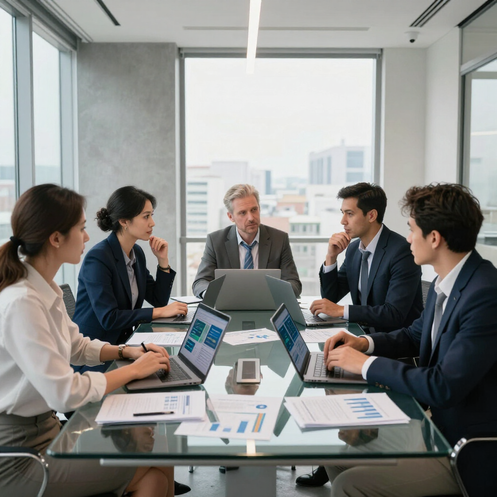 Business team in a meeting around a laptop and documents in a bright conference room