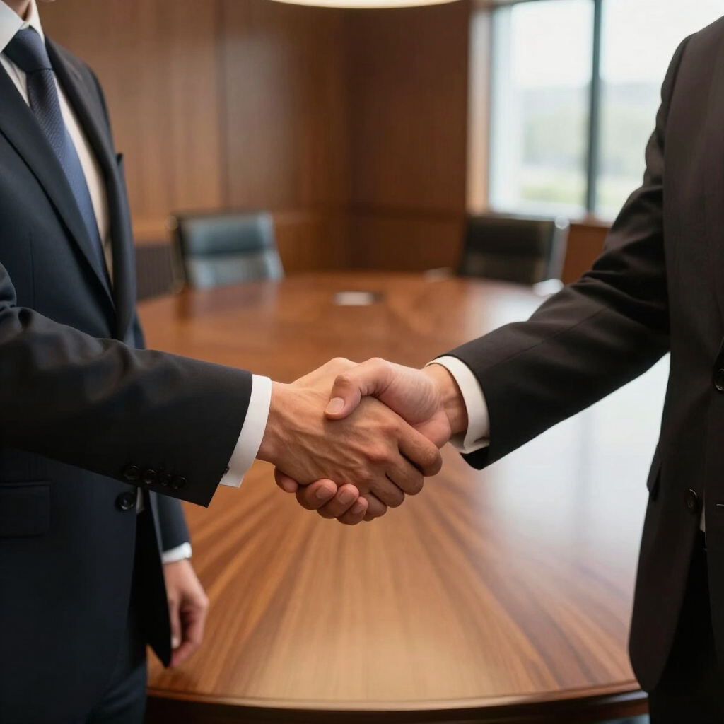 Two suited professionals shaking hands across a conference table in a boardroom