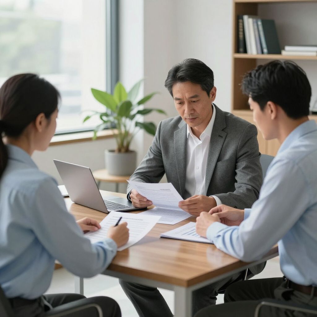 Three coworkers in a meeting reviewing documents around a laptop in a bright office