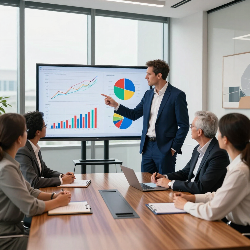 Business meeting with presenter pointing at a chart on a screen in a conference room