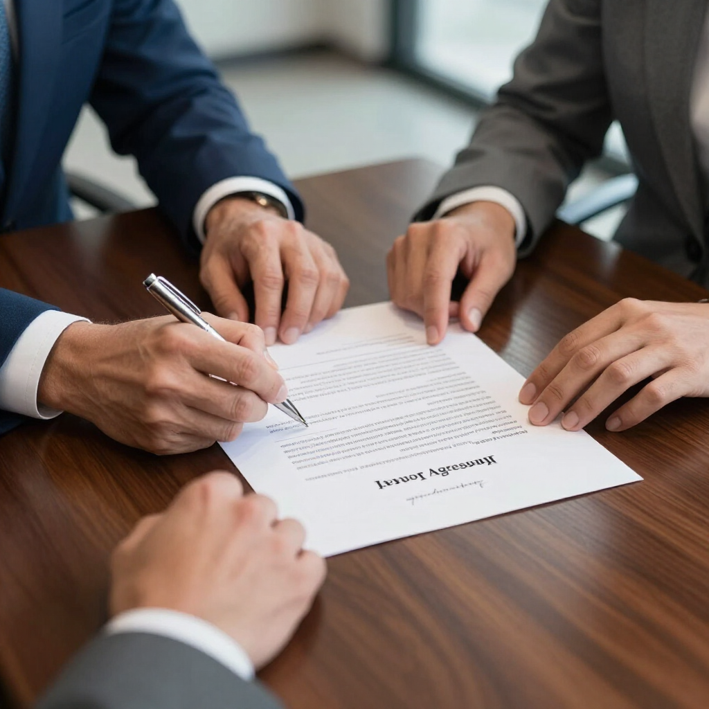 Businesspeople signing a document at a wooden conference table