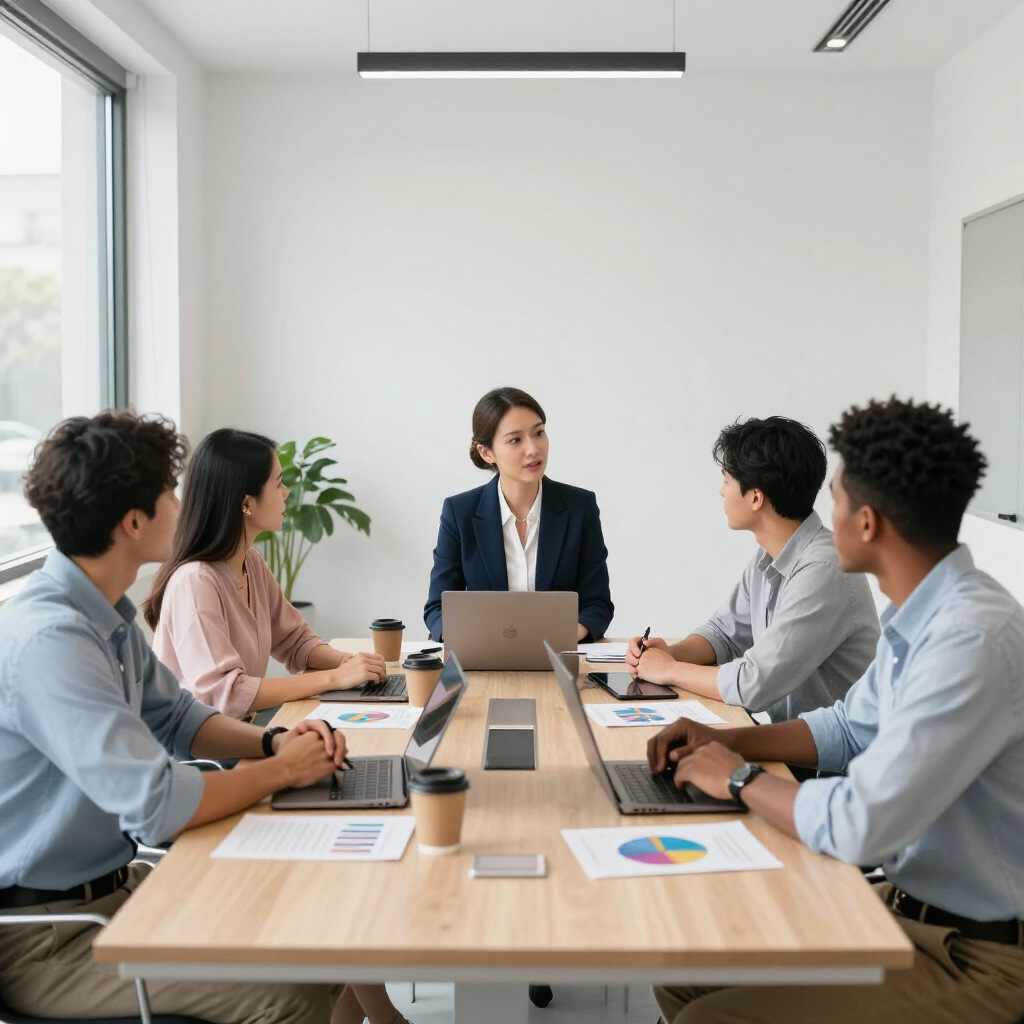 Business meeting with six people around a conference table, woman presenting at the front with laptop and charts.
