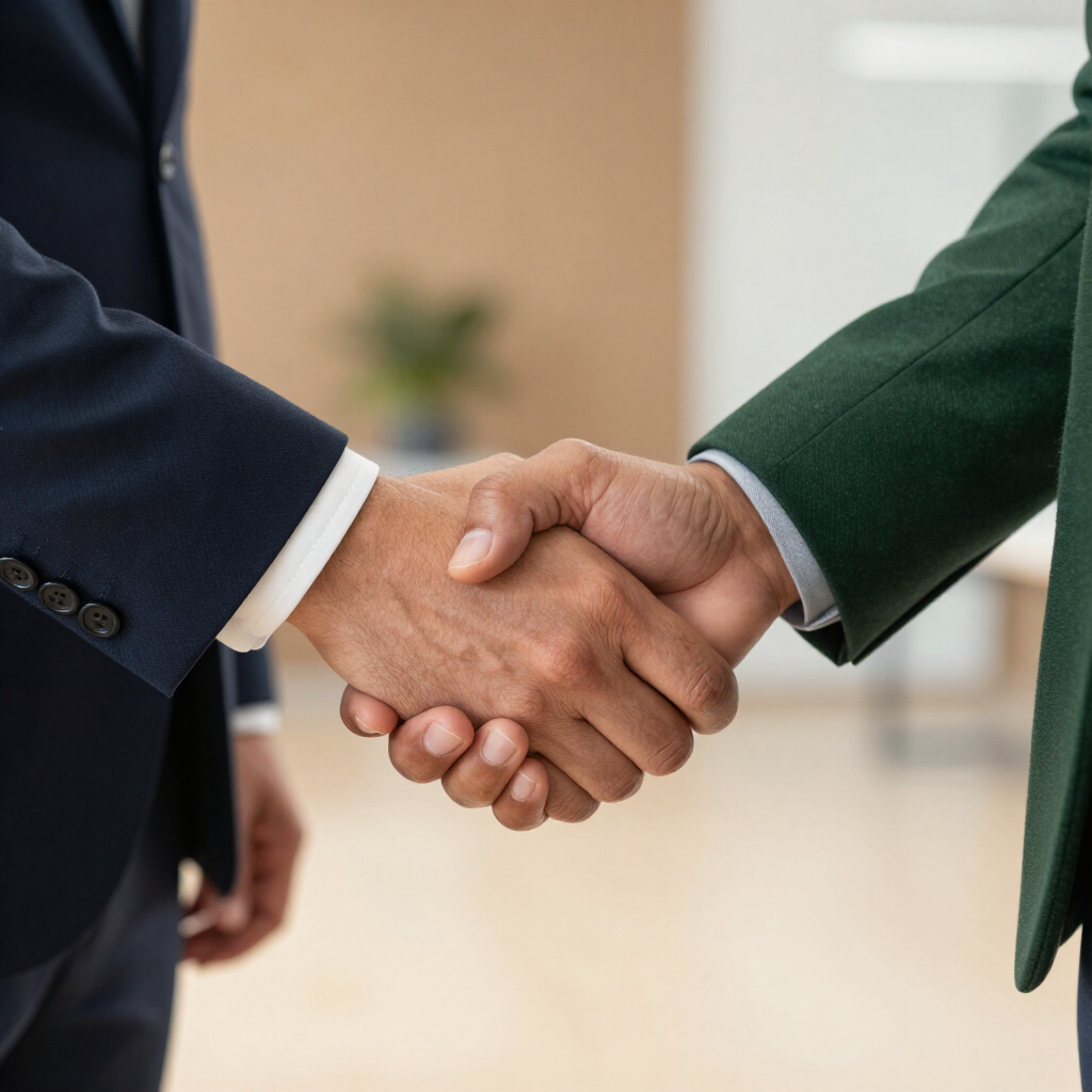 Two people in dark suits shaking hands in an office setting