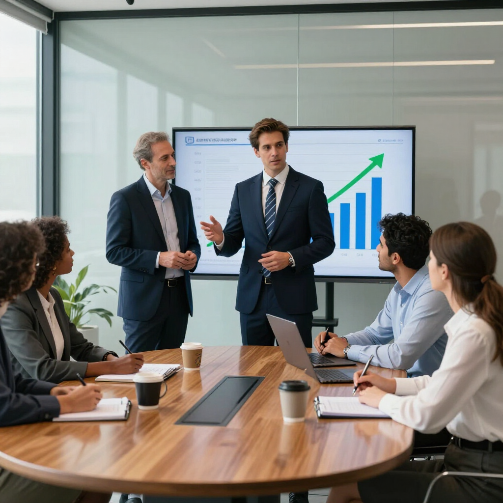 Business meeting with two presenters beside a rising bar chart on a screen, seated team around a conference table