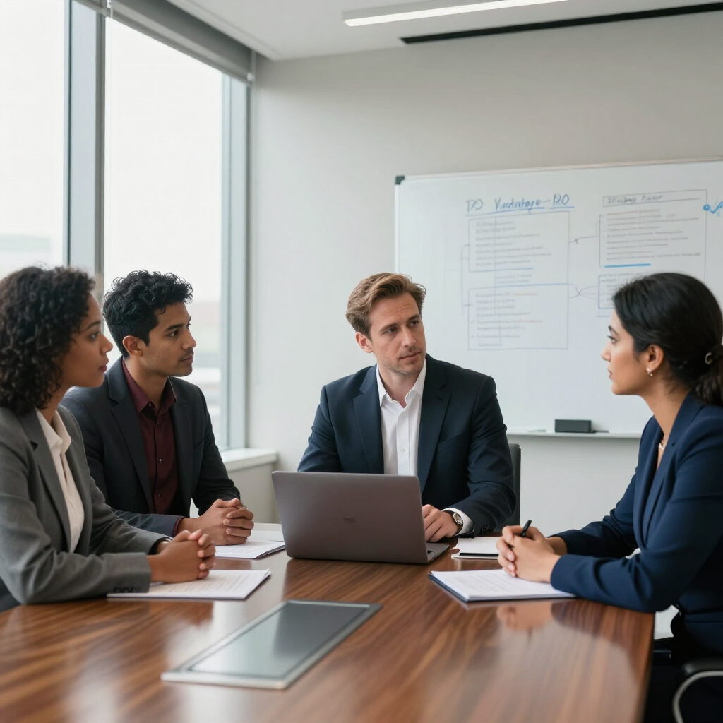 Four coworkers in a meeting around a laptop in a bright conference room with a whiteboard.