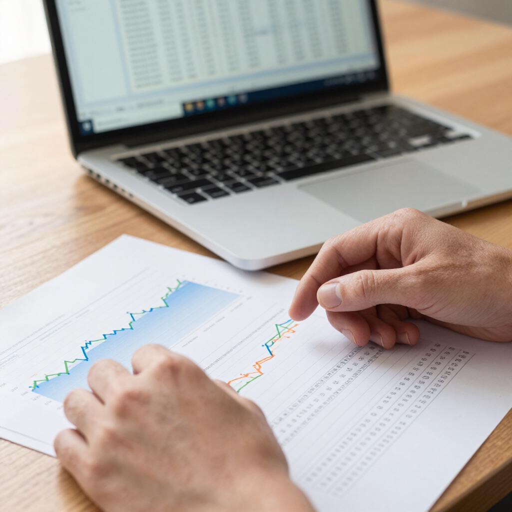 Hands analyzing a rising line graph on paper beside a laptop on a desk