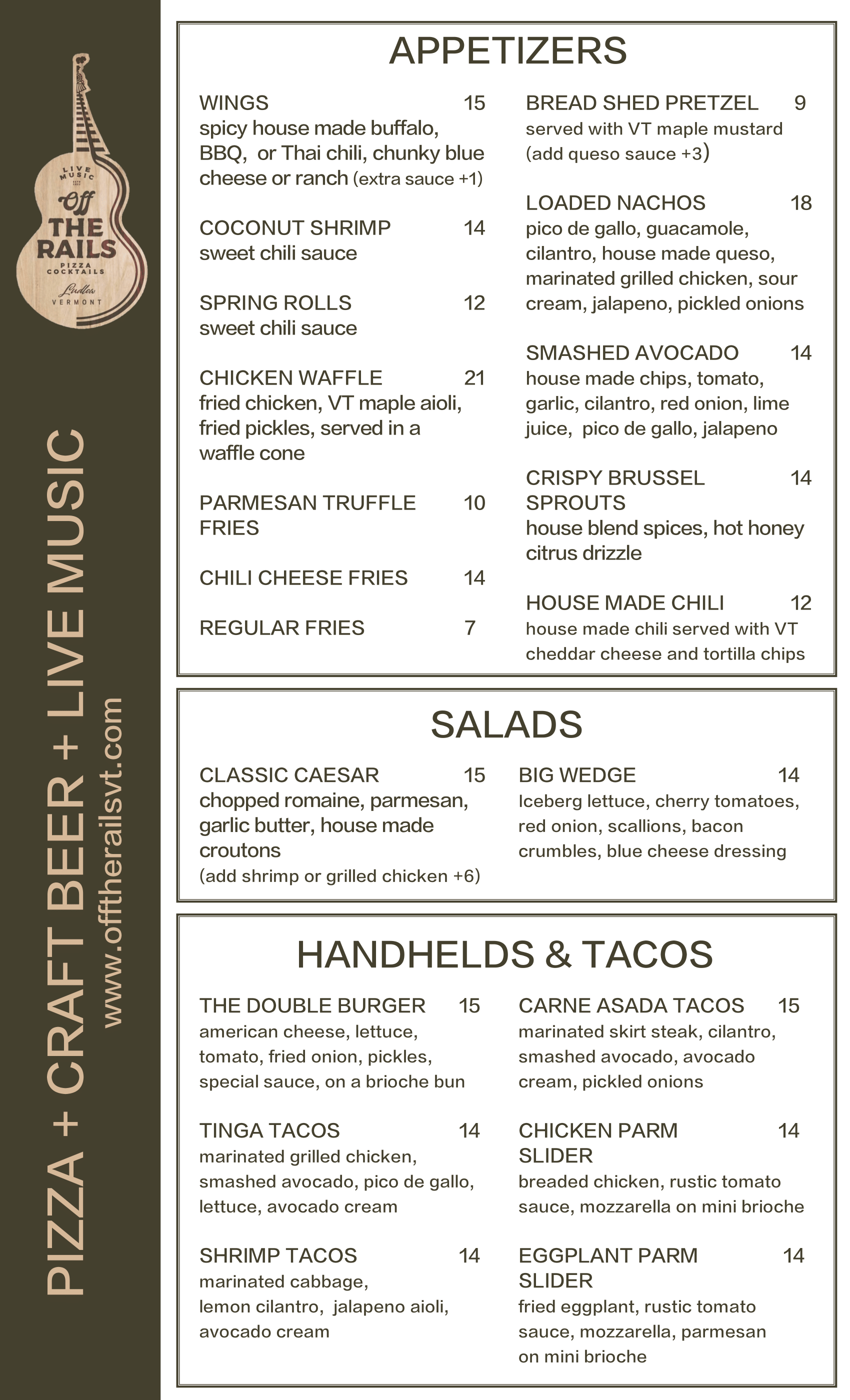 A menu for a pizza , craft beer , and live music restaurant.