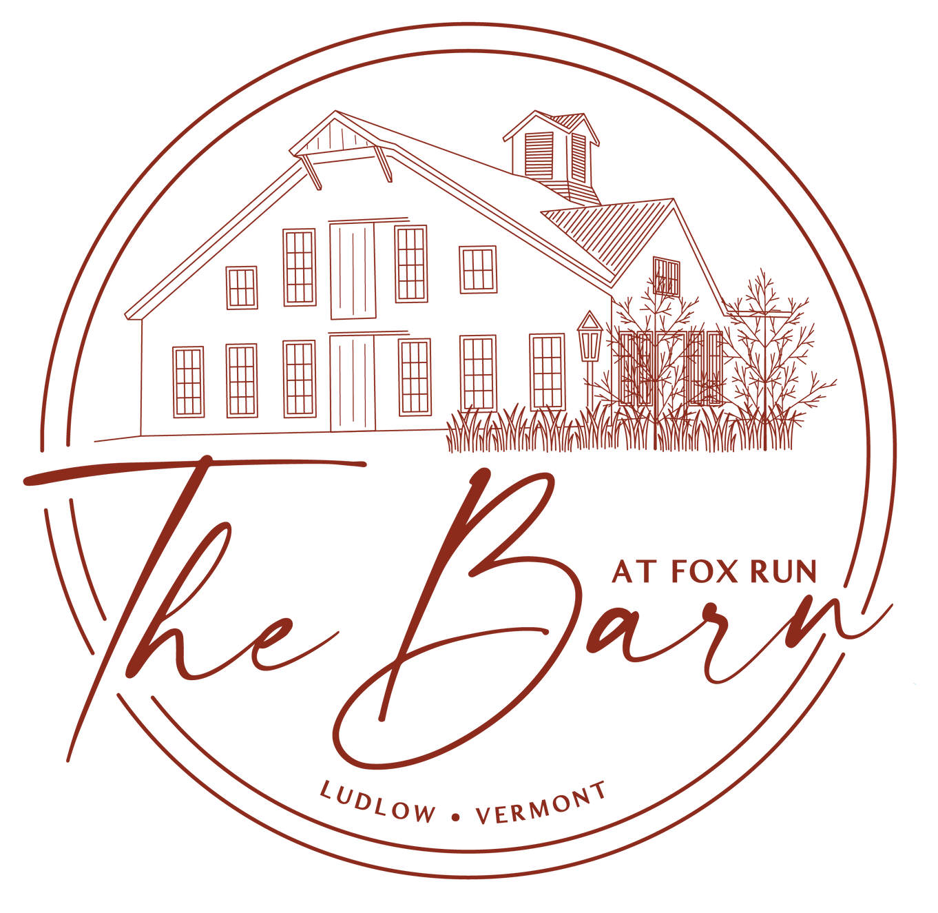 A logo for the barn at fox run in ludlow vermont