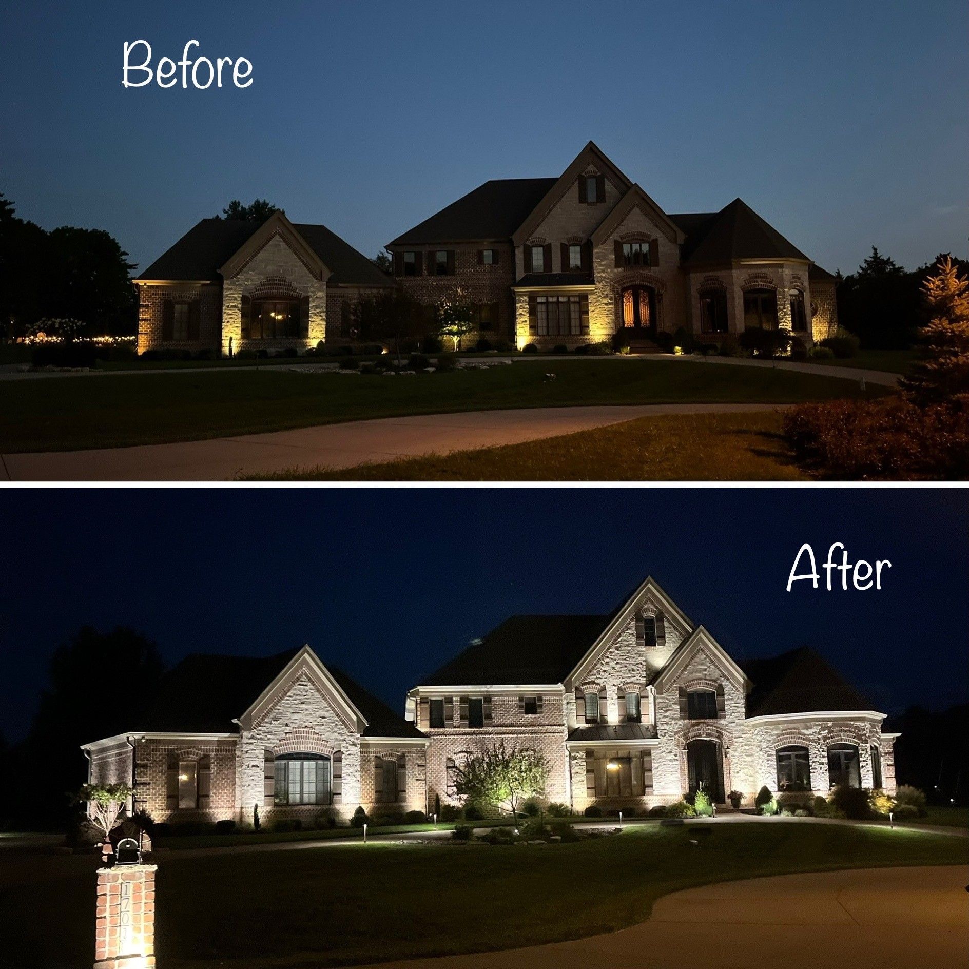 Before and after of a St. Louis home with professional landscape lighting