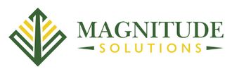 Green and yellow logo of Magnitude Solutions. The icon looks like an anchor and is green and yellow. In the logo, the word