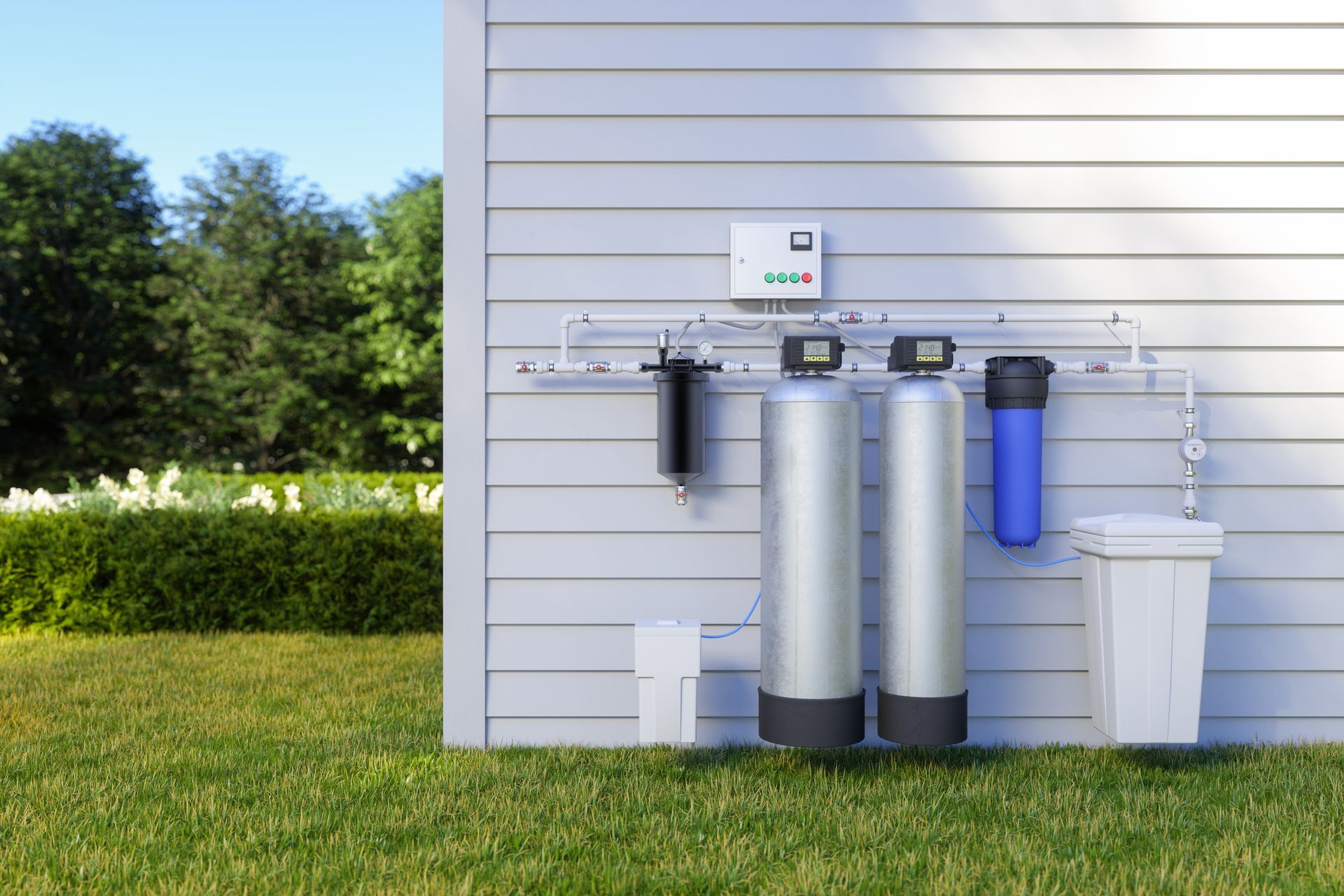 A water treatment system is installed on the side of a house.