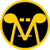A yellow and black logo with two ear buds in a circle.