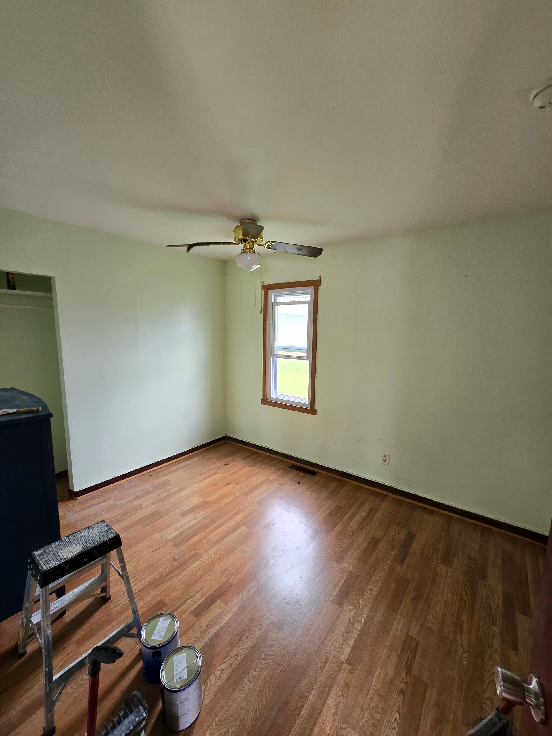 Empty room with hardwood floors, pale green walls, a ceiling fan, and a small window.