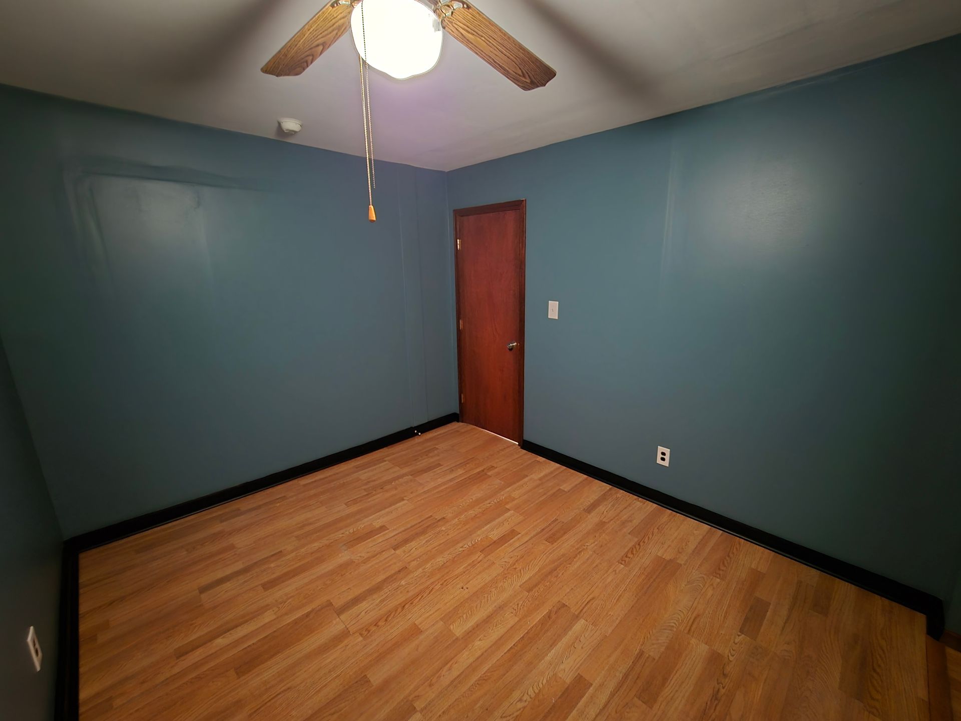 Empty blue bedroom with wood floor, ceiling fan, and a closed wooden door