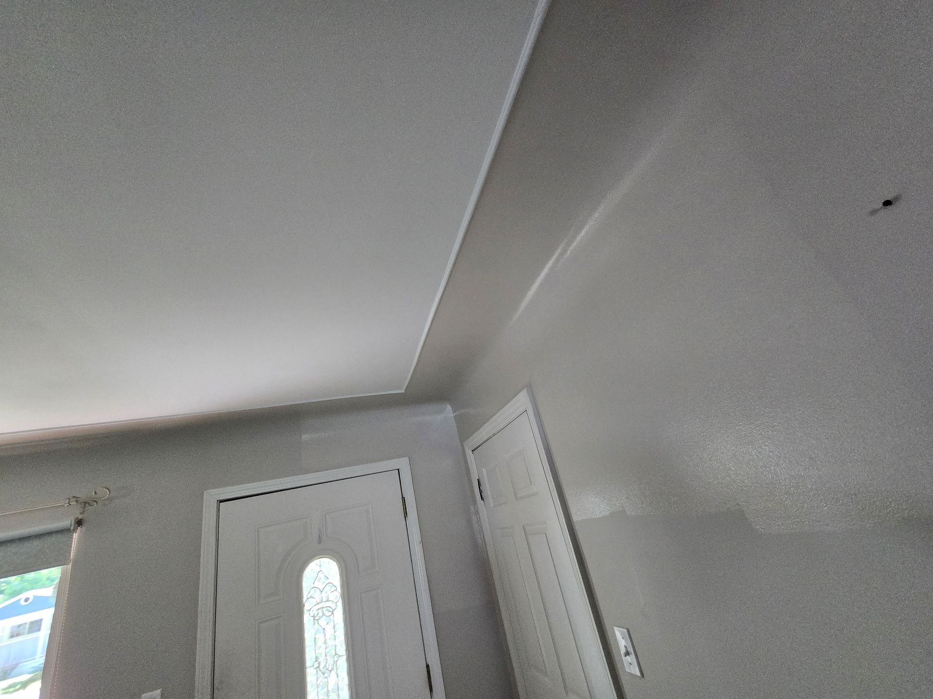 White interior wall and ceiling corner with a front door.